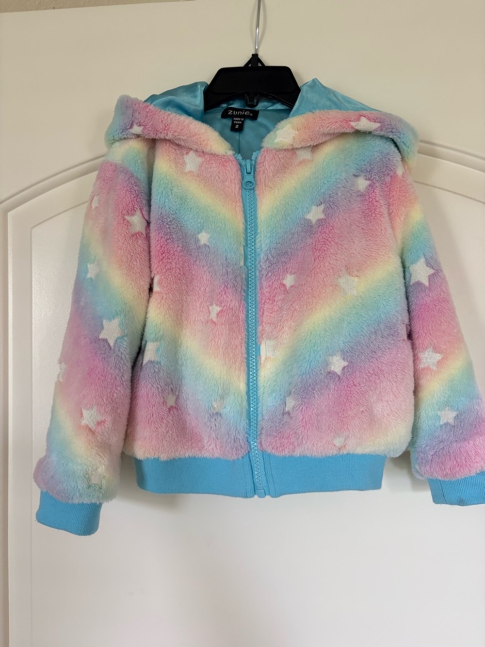 Zunie Girls' Pastel Rainbow Star Faux-Fur Hooded Jacket - Blue Trim
